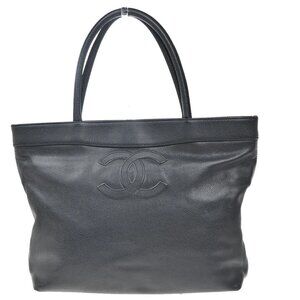 CHANEL CC Logo Shoulder Tote Bag Grained Calfskin Leather Black Italy 20KP360